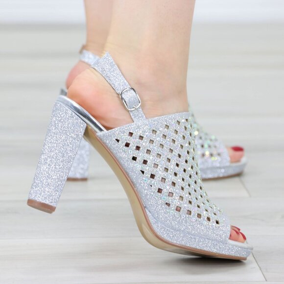 Sparkly Rhinestone Glitter Silver Platform High Heels Open Toe Party Shoes - Picture 10 of 14